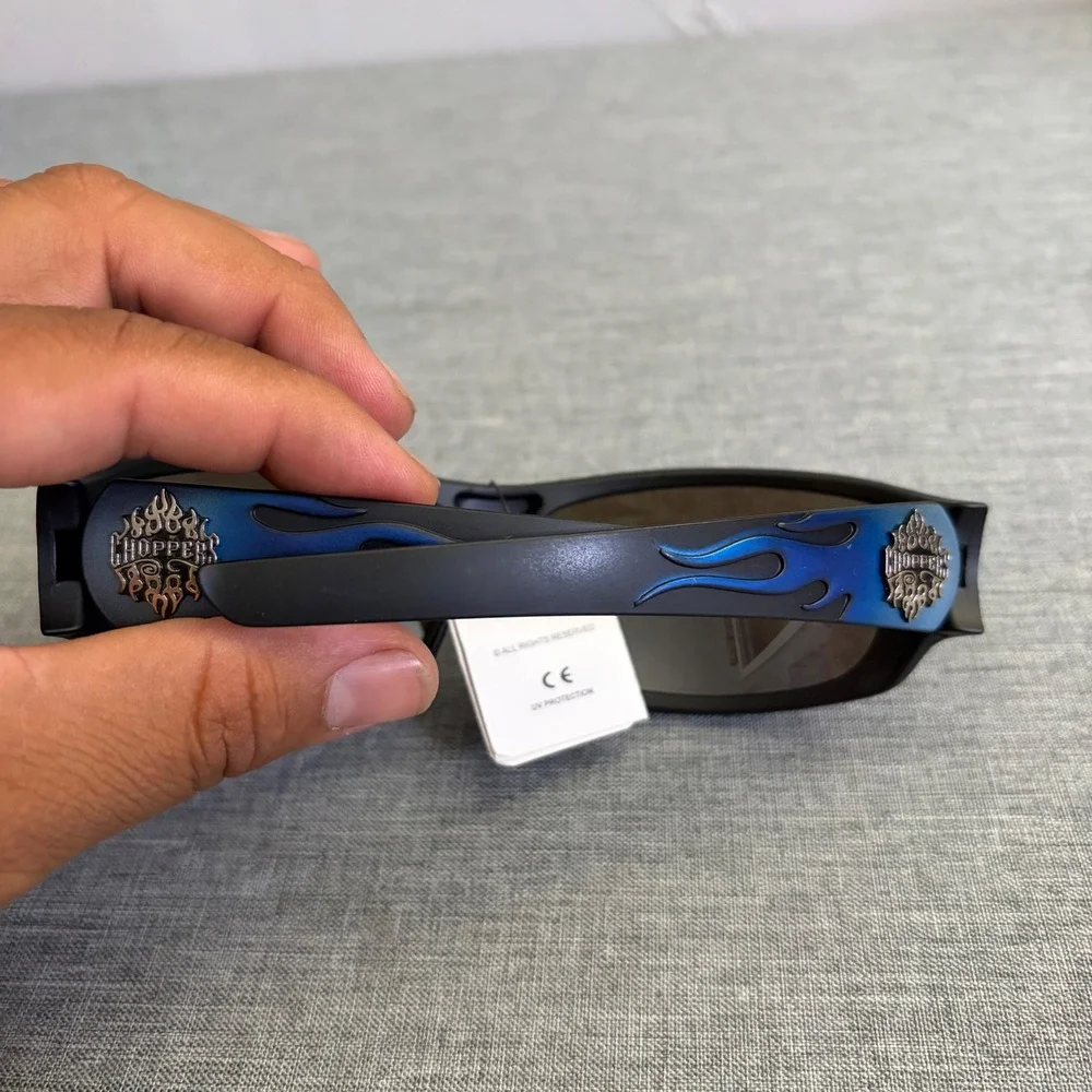 Choppers Sunglasses Mens OS Black Blue Flame Wrap Mirror Lens 6792-BLU Y2K Biker